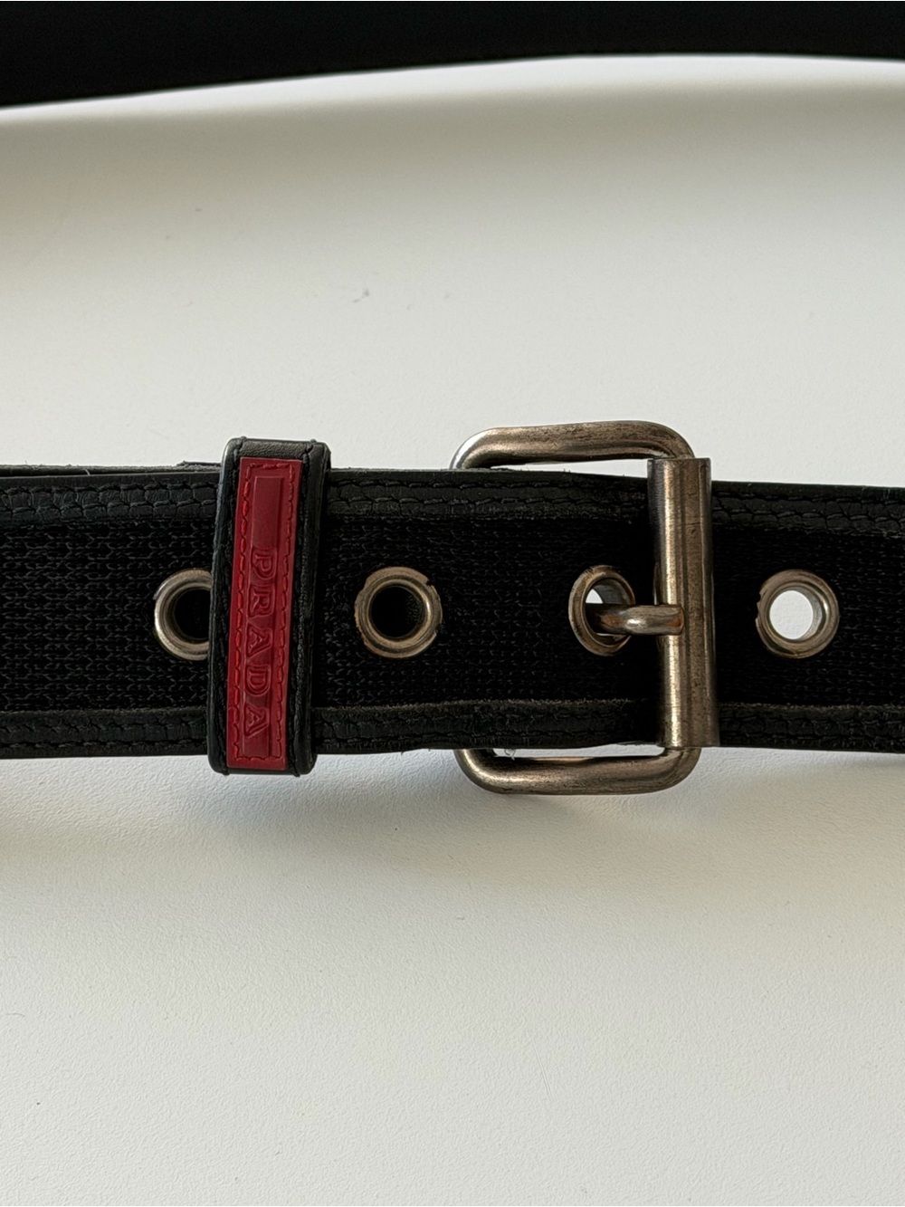 Prada Black Canvas and Leather Belt with Red Keeper